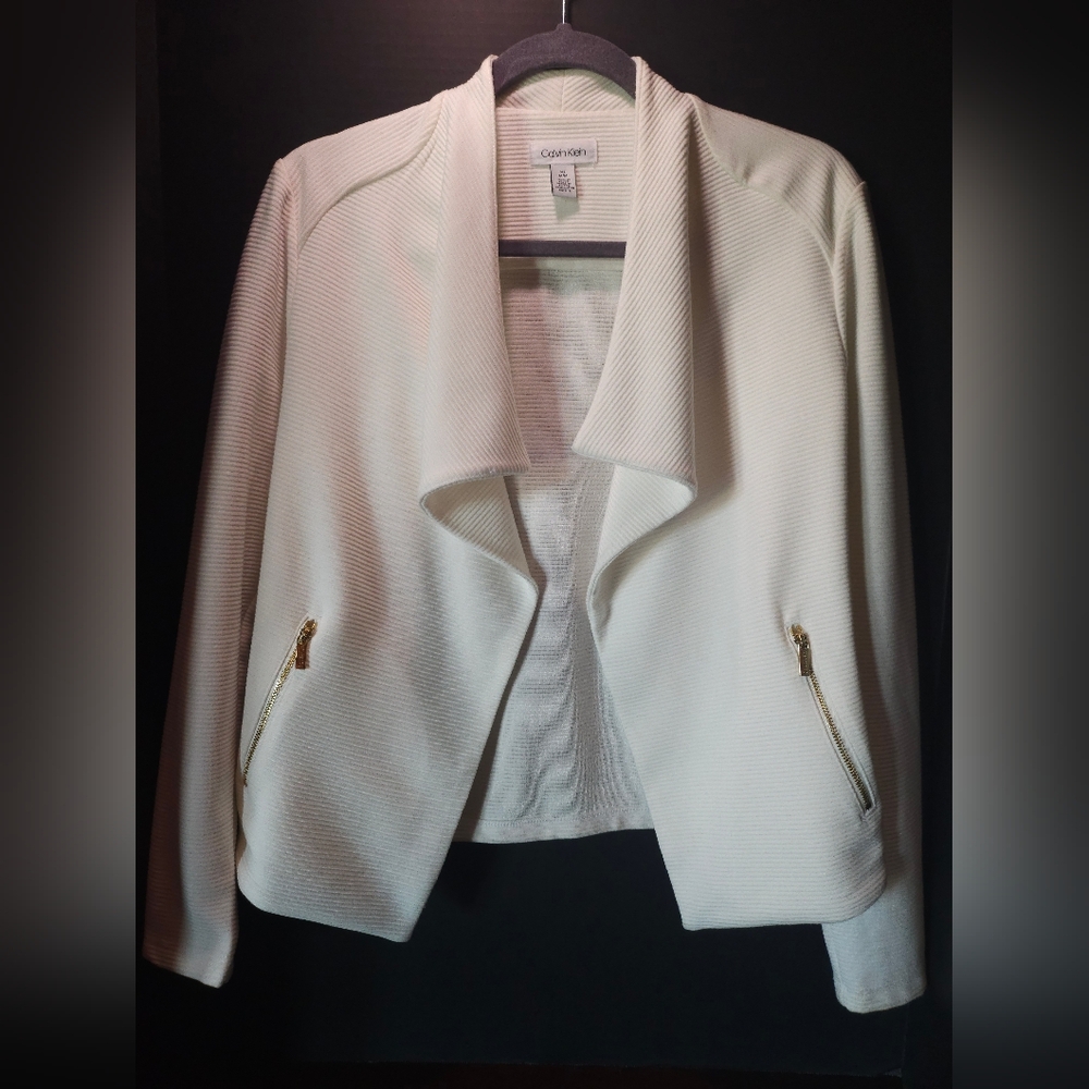 Calvin Klein Women's Cream Open-Front Jacket with Gold Zippers